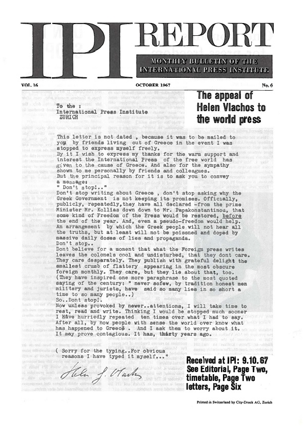 Letter to the IPI Secretariat from IPI World Press Freedom Hero Helen Vlachos during the Greek military dictatorship in 1967.