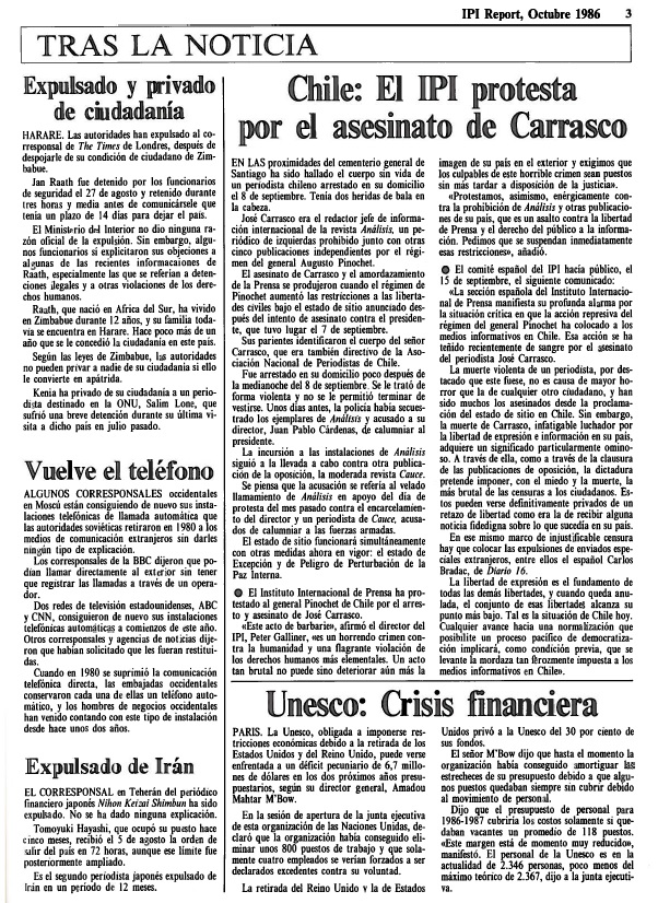 Edition of the IPI Report in Spanish, October 1986. IPI protests the murder of José Carrasco, foreign editor of the Chilean magazine Análisis. 