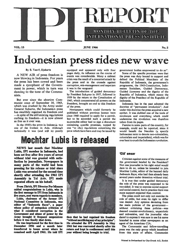 IPI Report, June 1966. Celebrating the release from prison of IPI World Press Freedom Hero Mochtar Lubis.