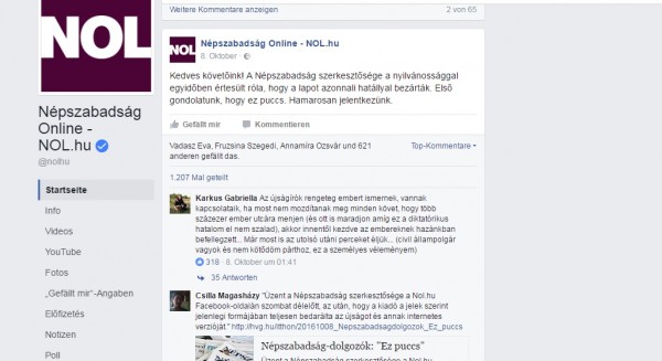 Screenshot of Népszabadság's closure announcement on the Facebook page of the former paper's online edition, nol.hu,