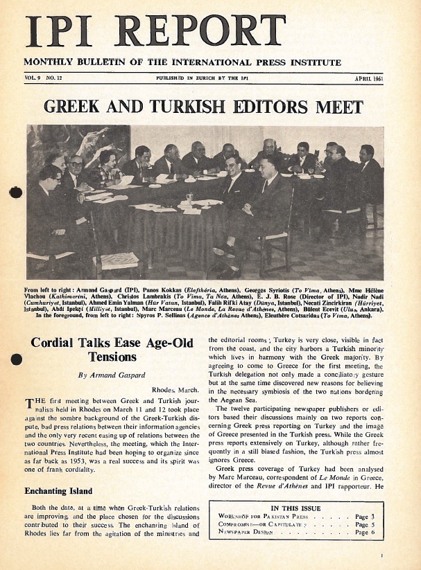 IPI Report, April 1961. Cover story on the first post-war meeting between Greek and Turkish journalists, held on the island of Rhodes in March of that year.