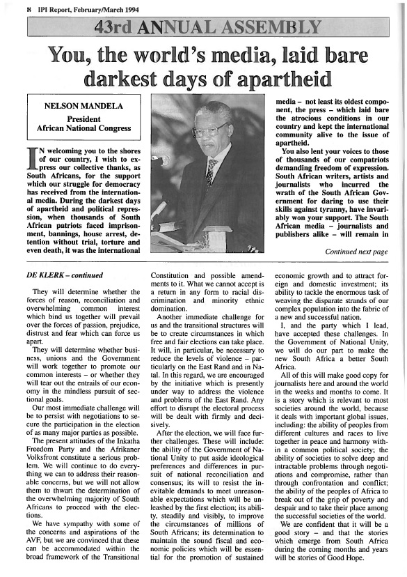 IPI Report, February/March 1994. Nelson Mandela and F.W. de Klerk address the IPI General Assembly in Cape Town, South Africa.