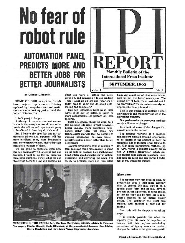 IPI Report, September 1965. Processing early concerns on the meaning of the digital age for journalism.