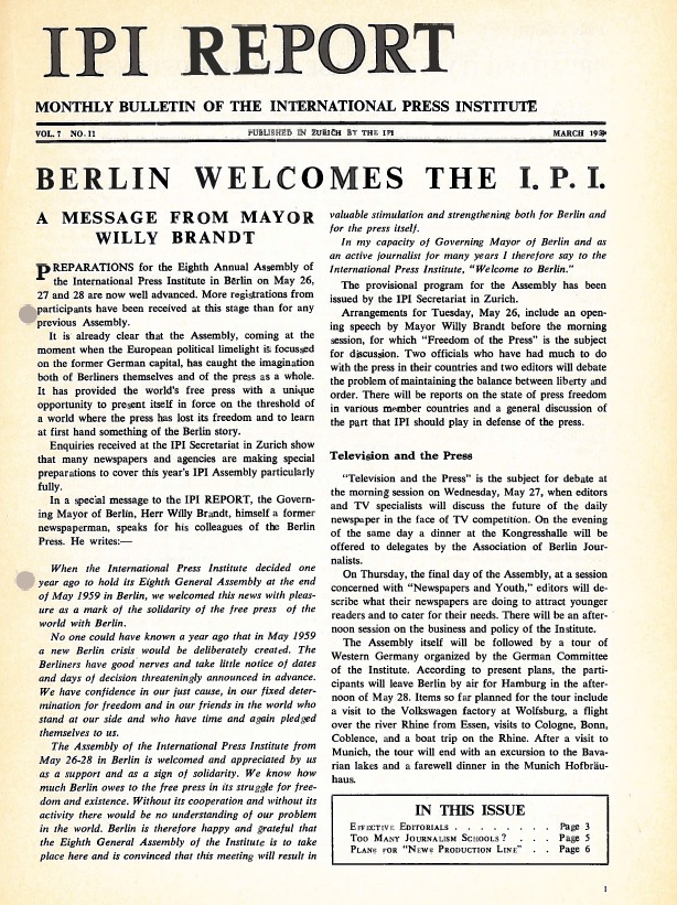 IPI Report March 1959. Berlin and then-Mayor Willy Brandt welcome IPI’s 1959 General Assembly.