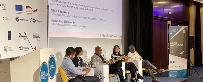 Panel Investigative journalism’s profit puzzle: Going beyond breaking even. From left to right: Bilal Randeree (MDIF, South Africa); Alina Păduraru (Recorder.ro, Romania); Ron Nixon (Associated Press, USA); * Juliana Mori (InfoAmazonia, Brazil); * Hamadou Tidiane Sy (Ouestaf News, Senegal)