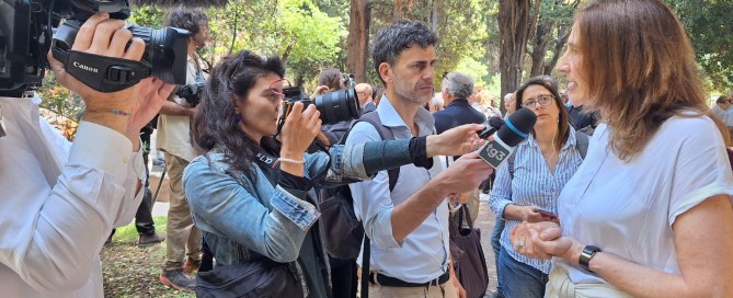 Renate Schroeder, Director of the European Federation of Journalists and member of the Media Freedom Rapid Response delegation in Italy, is interviewed at the UsigRai sit-in in front of the public broadcaster's HQ in Rome, 16 May 2024.