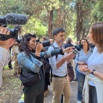 Renate Schroeder, Director of the European Federation of Journalists and member of the Media Freedom Rapid Response delegation in Italy, is interviewed at the UsigRai sit-in in front of the public broadcaster's HQ in Rome, 16 May 2024.