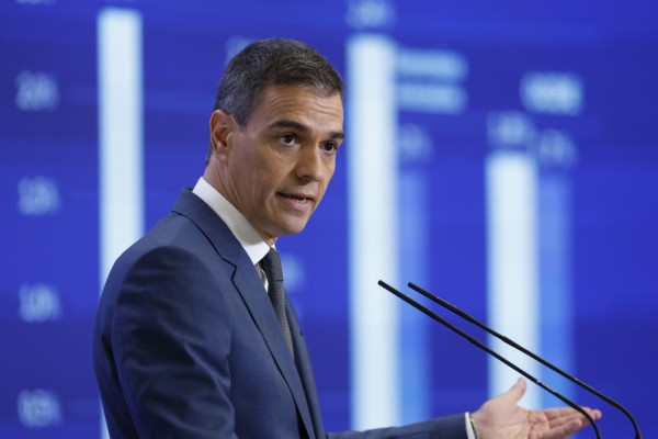 Spain's Prime Minister Pedro Sánchez speaks during a press conference to evaluate the political year before the summer recess, at Moncloa Palace, in Madrid, Spain, 31 July 2024. Credits: EPA-EFE/MARISCAL