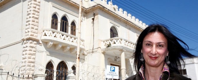 Maltese investigative journalist Daphne Caruana Galizia poses outside the Libyan Embassy in Valletta April 6, 2011. Investigative journalist Caruana Galizia was killed after a powerful bomb blew up a car killing her in Bidnija, Malta, in October 16, 2017.