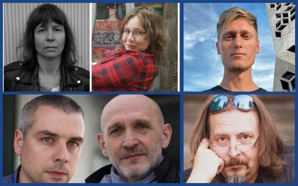 Belarusian journalists recently sentenced to prison. From top left to bottom left clockwise, Tsina Palynskaya and her daughter Marharyta, Pavel Dabravolsky, Aleh Khamenka, Uladzimir Yanukevich and Andrei Pakalenka. Collage by Belarusian Association of Journalists (BAJ)